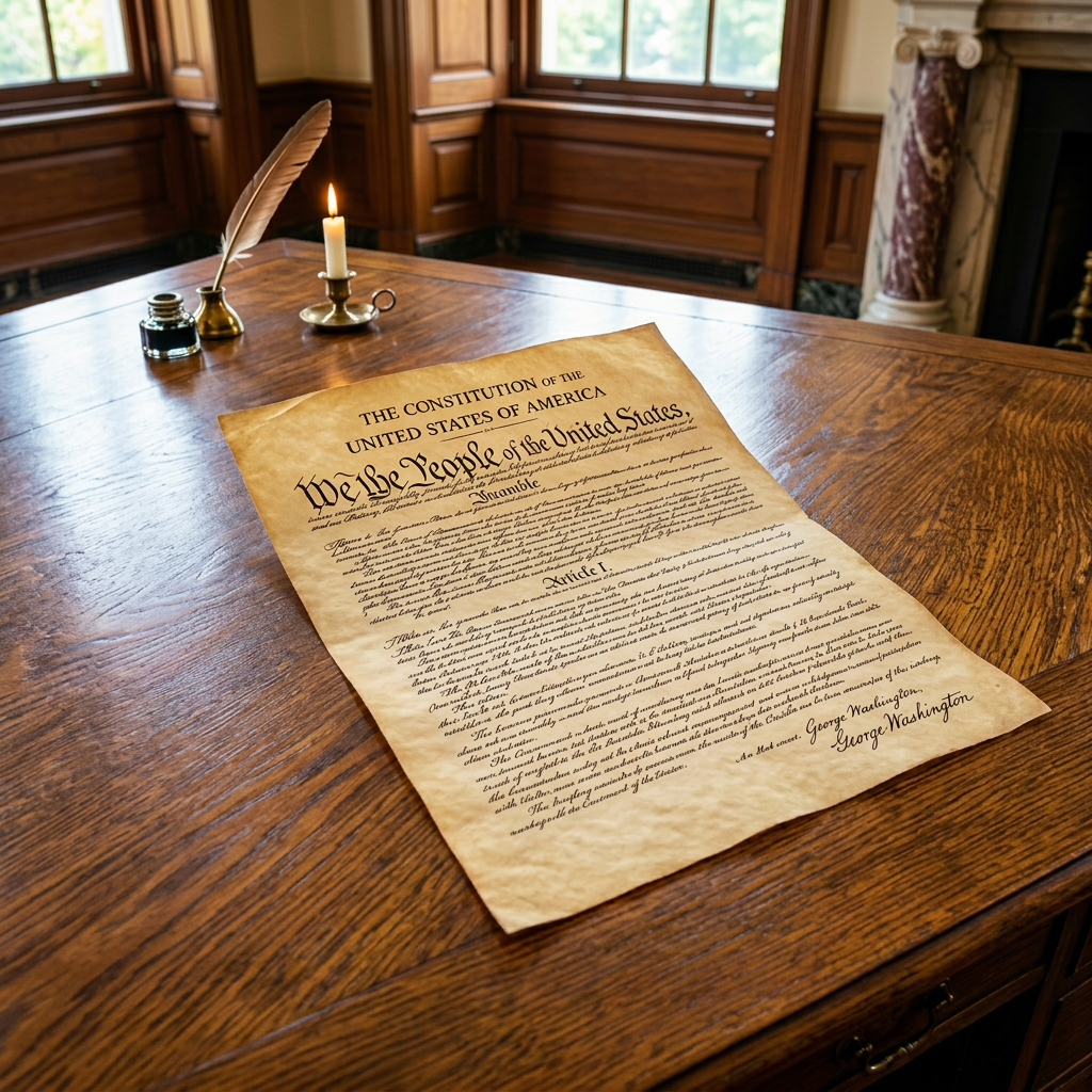 The U.S. Constitution document resting on an American flag with a quill, inkpot, and lit candle on a wooden desk
